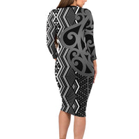 Maori Taniko Patterns Family Matching Long Sleeve Bodycon Dress and Hawaiian Shirt Black Patiki Motifs Mix Whakairo Ngaru LT7 - Polynesian Pride
