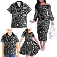 Maori Taniko Patterns Family Matching Off The Shoulder Long Sleeve Dress and Hawaiian Shirt Black Patiki Motifs Mix Whakairo Ngaru LT7 - Polynesian Pride
