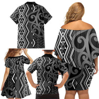 Maori Taniko Patterns Family Matching Off Shoulder Short Dress and Hawaiian Shirt Black Patiki Motifs Mix Whakairo Ngaru LT7 - Polynesian Pride