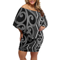 Maori Taniko Patterns Family Matching Off Shoulder Short Dress and Hawaiian Shirt Black Patiki Motifs Mix Whakairo Ngaru LT7 Mom's Dress Black - Polynesian Pride