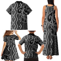 Maori Taniko Patterns Family Matching Tank Maxi Dress and Hawaiian Shirt Black Patiki Motifs Mix Whakairo Ngaru LT7 - Polynesian Pride