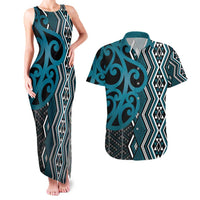 Maori Taniko Patterns Couples Matching Tank Maxi Dress and Hawaiian Shirt Azure Patiki Motifs Mix Whakairo Ngaru LT7 Azure - Polynesian Pride