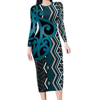 Maori Taniko Patterns Family Matching Long Sleeve Bodycon Dress and Hawaiian Shirt Azure Patiki Motifs Mix Whakairo Ngaru LT7 Mom's Dress Azure - Polynesian Pride