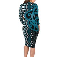 Maori Taniko Patterns Family Matching Long Sleeve Bodycon Dress and Hawaiian Shirt Azure Patiki Motifs Mix Whakairo Ngaru LT7 - Polynesian Pride