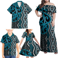 Maori Taniko Patterns Family Matching Off Shoulder Maxi Dress and Hawaiian Shirt Azure Patiki Motifs Mix Whakairo Ngaru LT7 - Polynesian Pride