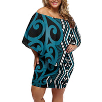 Maori Taniko Patterns Family Matching Off Shoulder Short Dress and Hawaiian Shirt Azure Patiki Motifs Mix Whakairo Ngaru LT7 Mom's Dress Azure - Polynesian Pride