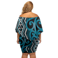 Maori Taniko Patterns Family Matching Off Shoulder Short Dress and Hawaiian Shirt Azure Patiki Motifs Mix Whakairo Ngaru LT7 - Polynesian Pride