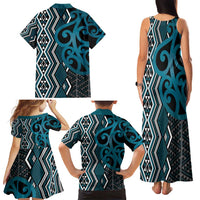 Maori Taniko Patterns Family Matching Tank Maxi Dress and Hawaiian Shirt Azure Patiki Motifs Mix Whakairo Ngaru LT7 - Polynesian Pride