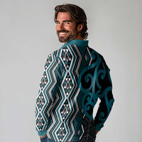 Maori Taniko Patterns Long Sleeve Polo Shirt Azure Patiki Motifs Mix Whakairo Ngaru