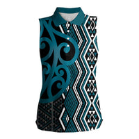 Maori Taniko Patterns Women Sleeveless Polo Shirt Azure Patiki Motifs Mix Whakairo Ngaru