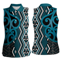 Maori Taniko Patterns Women Sleeveless Polo Shirt Azure Patiki Motifs Mix Whakairo Ngaru