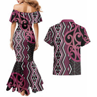 Maori Taniko Patterns Couples Matching Mermaid Dress and Hawaiian Shirt Pink Patiki Motifs Mix Whakairo Ngaru LT7 - Polynesian Pride