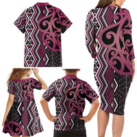 Maori Taniko Patterns Family Matching Long Sleeve Bodycon Dress and Hawaiian Shirt Pink Patiki Motifs Mix Whakairo Ngaru LT7 - Polynesian Pride