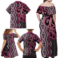 Maori Taniko Patterns Family Matching Off Shoulder Maxi Dress and Hawaiian Shirt Pink Patiki Motifs Mix Whakairo Ngaru LT7 - Polynesian Pride