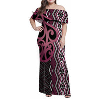 Maori Taniko Patterns Family Matching Off Shoulder Maxi Dress and Hawaiian Shirt Pink Patiki Motifs Mix Whakairo Ngaru LT7 Mom's Dress Pink - Polynesian Pride