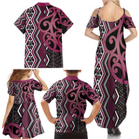 Maori Taniko Patterns Family Matching Summer Maxi Dress and Hawaiian Shirt Pink Patiki Motifs Mix Whakairo Ngaru LT7 - Polynesian Pride