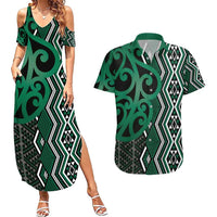 Maori Taniko Patterns Couples Matching Summer Maxi Dress and Hawaiian Shirt Pounamu Patiki Motifs Mix Whakairo Ngaru LT7 Green - Polynesian Pride