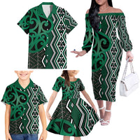 Maori Taniko Patterns Family Matching Off The Shoulder Long Sleeve Dress and Hawaiian Shirt Pounamu Patiki Motifs Mix Whakairo Ngaru LT7 - Polynesian Pride