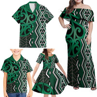 Maori Taniko Patterns Family Matching Off Shoulder Maxi Dress and Hawaiian Shirt Pounamu Patiki Motifs Mix Whakairo Ngaru LT7 - Polynesian Pride