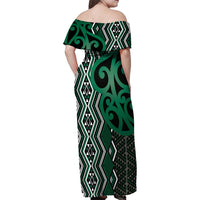 Maori Taniko Patterns Family Matching Off Shoulder Maxi Dress and Hawaiian Shirt Pounamu Patiki Motifs Mix Whakairo Ngaru LT7 - Polynesian Pride