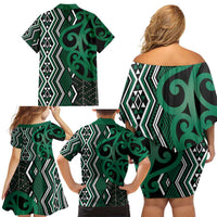 Maori Taniko Patterns Family Matching Off Shoulder Short Dress and Hawaiian Shirt Pounamu Patiki Motifs Mix Whakairo Ngaru LT7 - Polynesian Pride