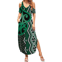 Maori Taniko Patterns Family Matching Summer Maxi Dress and Hawaiian Shirt Pounamu Patiki Motifs Mix Whakairo Ngaru LT7 Mom's Dress Green - Polynesian Pride