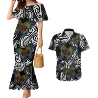 Aotearoa Takatapui Pride Couples Matching Mermaid Dress and Hawaiian Shirt Rainbow Butterfly - Free To Love LT7 Black - Polynesian Pride
