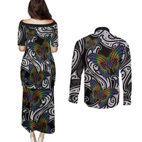 Aotearoa Takatapui Pride Couples Matching Puletasi and Long Sleeve Button Shirt Rainbow Butterfly - Free To Love