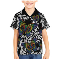 Aotearoa Takatapui Pride Family Matching Mermaid Dress and Hawaiian Shirt Rainbow Butterfly - Free To Love LT7 Son's Shirt Black - Polynesian Pride