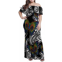 Aotearoa Takatapui Pride Family Matching Off Shoulder Maxi Dress and Hawaiian Shirt Rainbow Butterfly - Free To Love LT7 Mom's Dress Black - Polynesian Pride