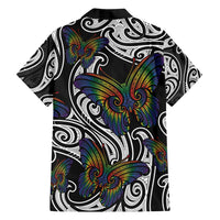 Aotearoa Takatapui Pride Family Matching Off Shoulder Short Dress and Hawaiian Shirt Rainbow Butterfly - Free To Love LT7 - Polynesian Pride