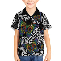 Aotearoa Takatapui Pride Family Matching Summer Maxi Dress and Hawaiian Shirt Rainbow Butterfly - Free To Love LT7 Son's Shirt Black - Polynesian Pride