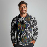 Aotearoa Takatapui Pride Long Sleeve Polo Shirt Rainbow Butterfly - Free To Love