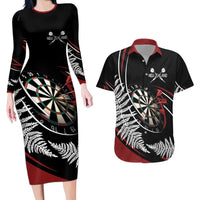 New Zealand Darts Personalised Couples Matching Long Sleeve Bodycon Dress and Hawaiian Shirt Silver Fern Dynamic LT7 Red - Polynesian Pride