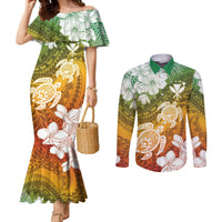 Kanaka Maoli Hawaii Flag Day Couples Matching Mermaid Dress and Long Sleeve Button Shirt Vibrant Frangipani LT7 Colorful - Polynesian Pride
