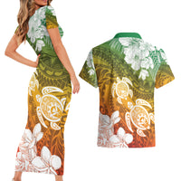 Kanaka Maoli Hawaii Flag Day Couples Matching Short Sleeve Bodycon Dress and Hawaiian Shirt Vibrant Frangipani LT7 - Polynesian Pride