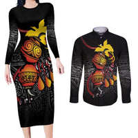 Personalized Papua New Guinea Milne Bay Couples Matching Long Sleeve Bodycon Dress and Long Sleeve Button Shirt Bagi Necklace Mix Lime Pot Grunge LT7 Black - Polynesian Pride