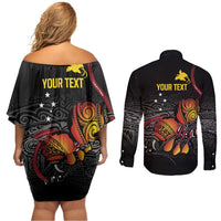 Personalized Papua New Guinea Milne Bay Couples Matching Off Shoulder Short Dress and Long Sleeve Button Shirt Bagi Necklace Mix Lime Pot Grunge
