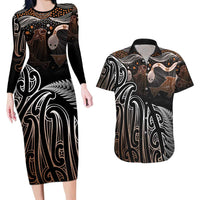 Aotearoa Maori - Australia Indigenous Couples Matching Long Sleeve Bodycon Dress and Hawaiian Shirt Koiri Whakairo Mix Aboriginal Art LT7 Brown - Polynesian Pride