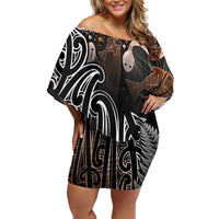 Aotearoa Maori - Australia Indigenous Family Matching Off Shoulder Short Dress and Hawaiian Shirt Koiri Whakairo Mix Aboriginal Art LT7 Mom's Dress Brown - Polynesian Pride