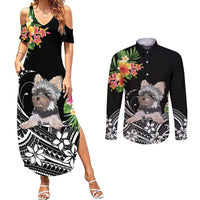 Personalised Polynesian Couples Matching Summer Maxi Dress and Long Sleeve Button Shirts With Yorkshire Terrier Floral Style LT7 Black - Polynesian Pride