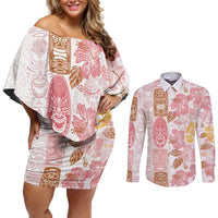 Christmas Aloha Hawaii Tiki Couples Matching Off Shoulder Short Dress and Long Sleeve Button Shirt Hibiscus Spring Colors - Polynesian Pride