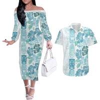 Christmas Aloha Hawaii Tiki Couples Matching Off The Shoulder Long Sleeve Dress and Hawaiian Shirt Hibiscus Summer Colors LT7 Turquoise - Polynesian Pride