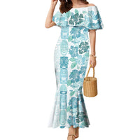 Christmas Aloha Hawaii Tiki Family Matching Mermaid Dress and Hawaiian Shirt Hibiscus Summer Colors LT7 Mom's Dress Turquoise - Polynesian Pride