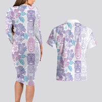 Christmas Aloha Hawaii Tiki Couples Matching Long Sleeve Bodycon Dress and Hawaiian Shirt Hibiscus Winter Colors LT7 - Polynesian Pride