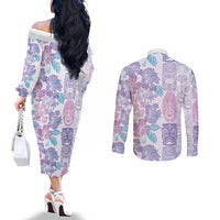 Christmas Aloha Hawaii Tiki Couples Matching Off The Shoulder Long Sleeve Dress and Long Sleeve Button Shirt Hibiscus Winter Colors LT7 - Polynesian Pride