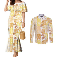 Christmas Aloha Hawaii Tiki Couples Matching Mermaid Dress and Long Sleeve Button Shirt Hibiscus Autumn Colors LT7 Yellow - Polynesian Pride