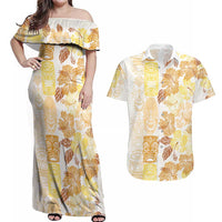 Christmas Aloha Hawaii Tiki Couples Matching Off Shoulder Maxi Dress and Hawaiian Shirt Hibiscus Autumn Colors LT7 Yellow - Polynesian Pride