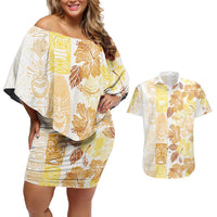 Christmas Aloha Hawaii Tiki Couples Matching Off Shoulder Short Dress and Hawaiian Shirt Hibiscus Autumn Colors LT7 Yellow - Polynesian Pride