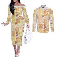 Christmas Aloha Hawaii Tiki Couples Matching Off The Shoulder Long Sleeve Dress and Long Sleeve Button Shirt Hibiscus Autumn Colors LT7 Yellow - Polynesian Pride
